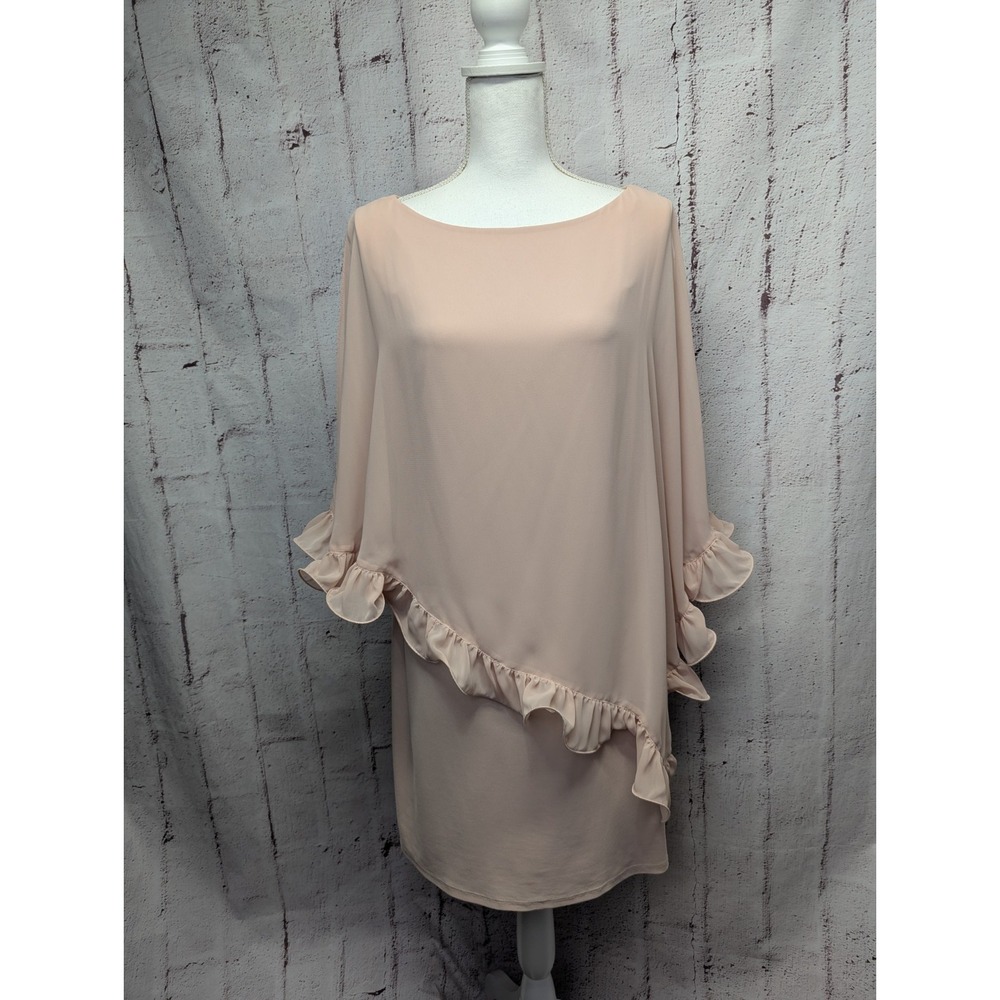 Xscape Womens Pale Peach Mini Dress Sz 12 Ruffle Trim Slit‎ Sleeve Shiffon Cover